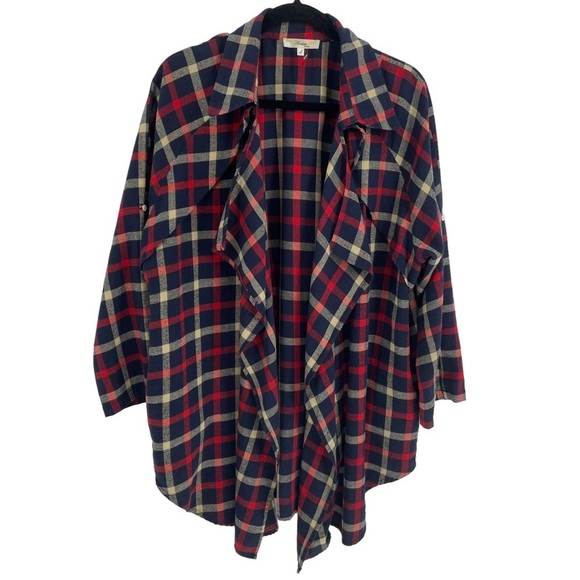Andrée Plaid Waterfall Open Front Roll Tab Lightweight Cardigan - Sz L - Picture 1 of 13